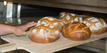 Finished loaves of bread are being removed from a large oven on a wooden tray.