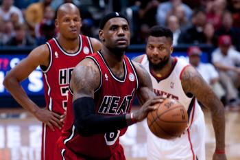 LeBron James sits poised for the free throw during the Heat game against the Atlanta Hawks on February 20, 2013 at the Philips Arena.